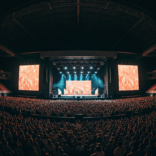 Large concert stage with massive crowd and lights